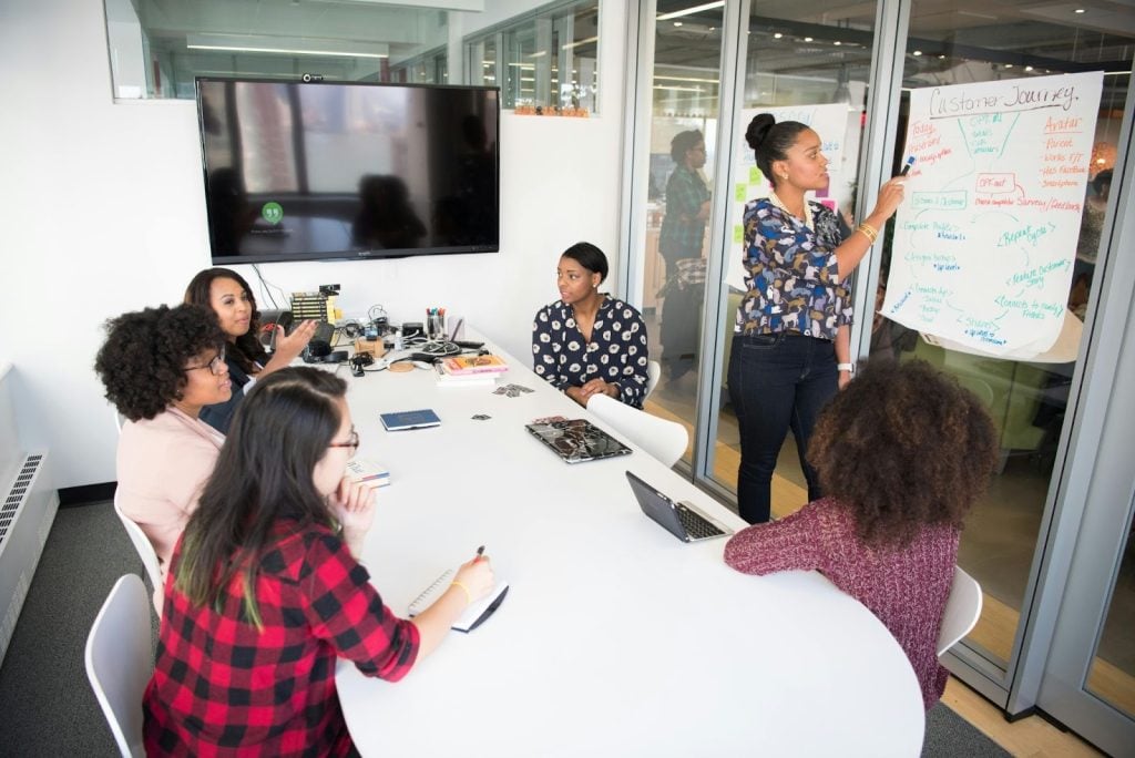 A team of professionals collaborating around a whiteboard, mapping out a customer journey strategy.