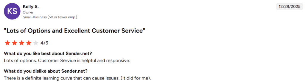Small-business owner Kelly S., praising the platform's variety of features and responsive customer support.