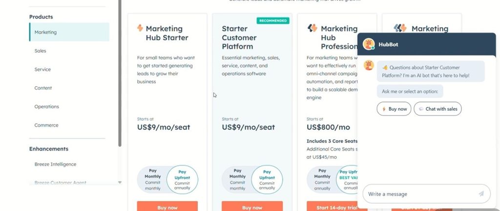HubSpot Marketing Hub pricing tiers with HubBot AI assistant open.