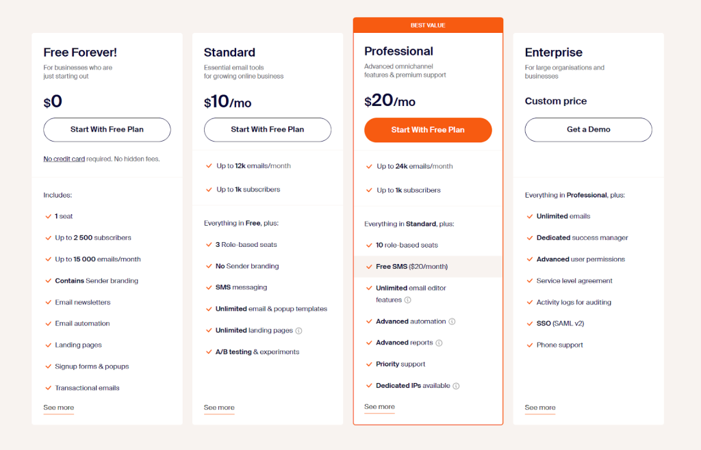 Sender pricing page showing four plans.