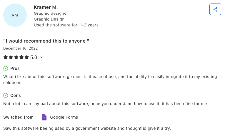 Customer review for forms.app.