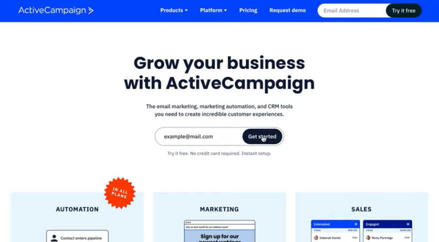 ActiveCampaign featuring a "Grow your business" headline and a call-to-action to "Get started" for free.