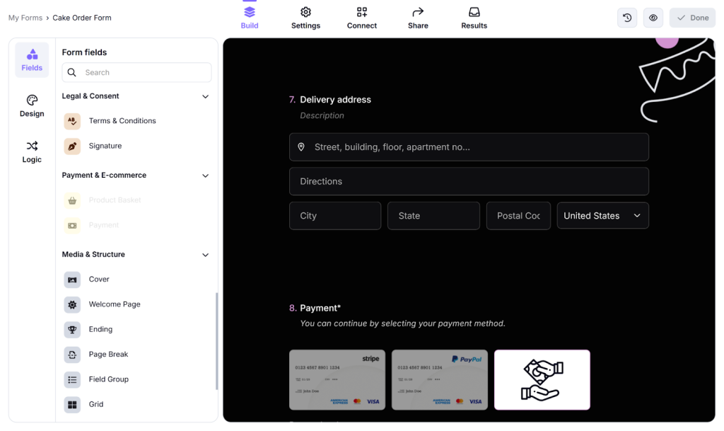 Screenshot from forms.app’s drag-and-drop editor.