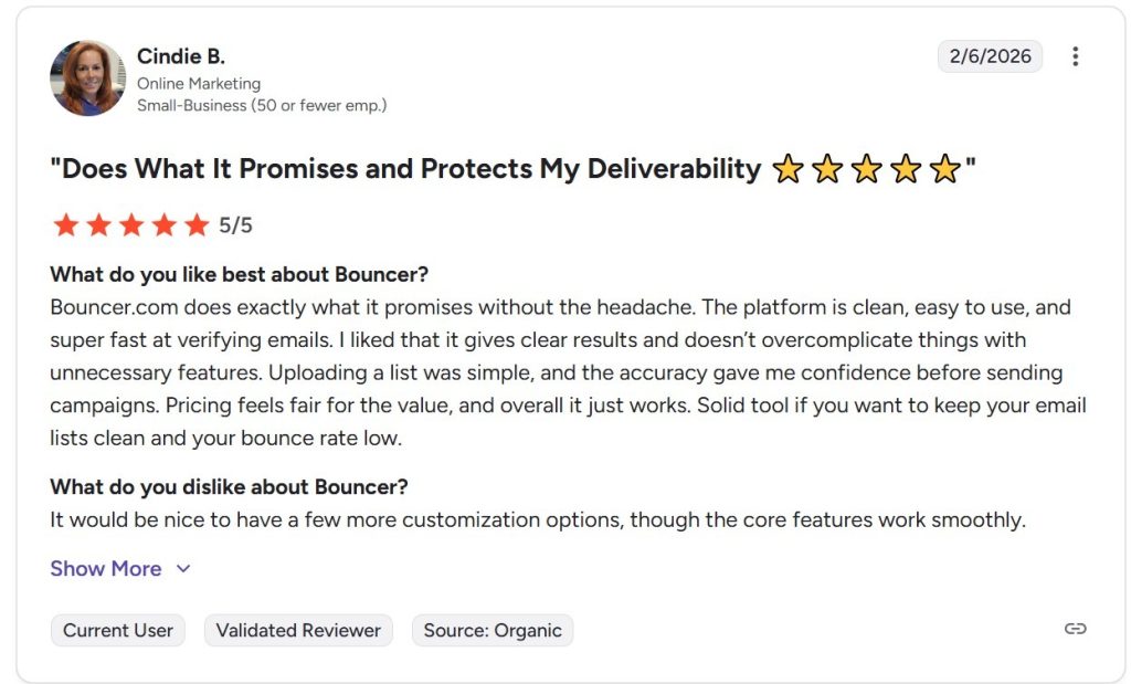 G2 review by Cindie B., giving Bouncer a perfect 5 out of 5 stars.