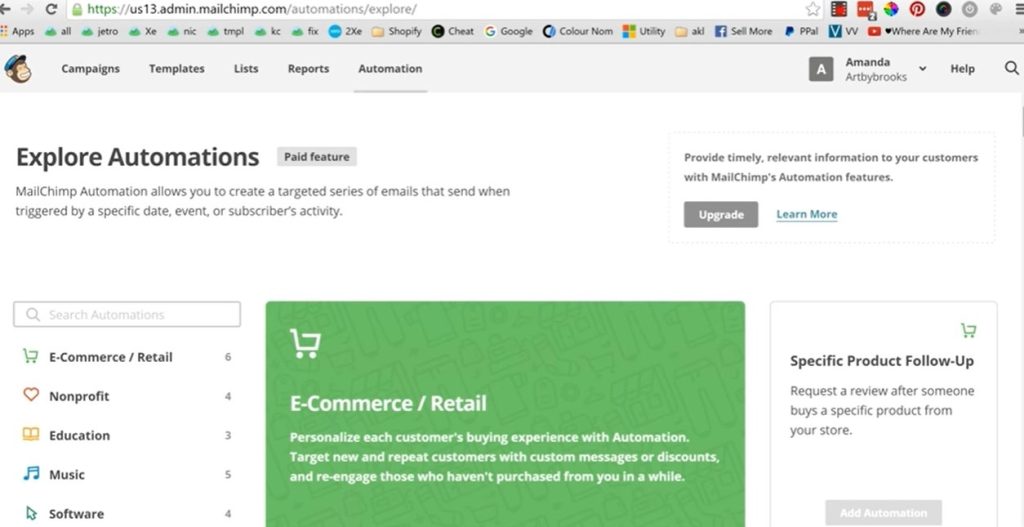 Mailchimp Automations dashboard showing category options including E-Commerce, Nonprofit, Education, Music, and Software.