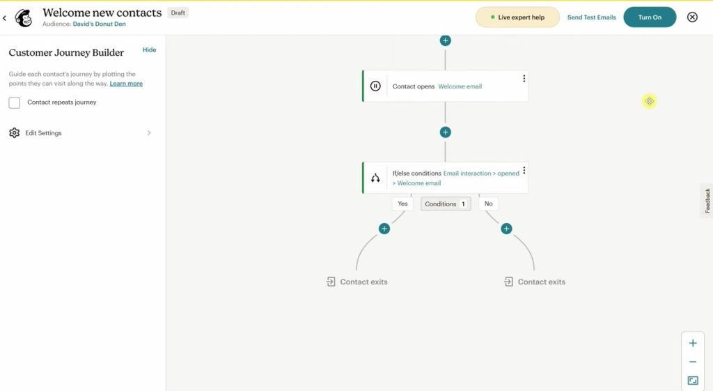 Mailchimp Customer Journey Builder showing a welcome email automation.