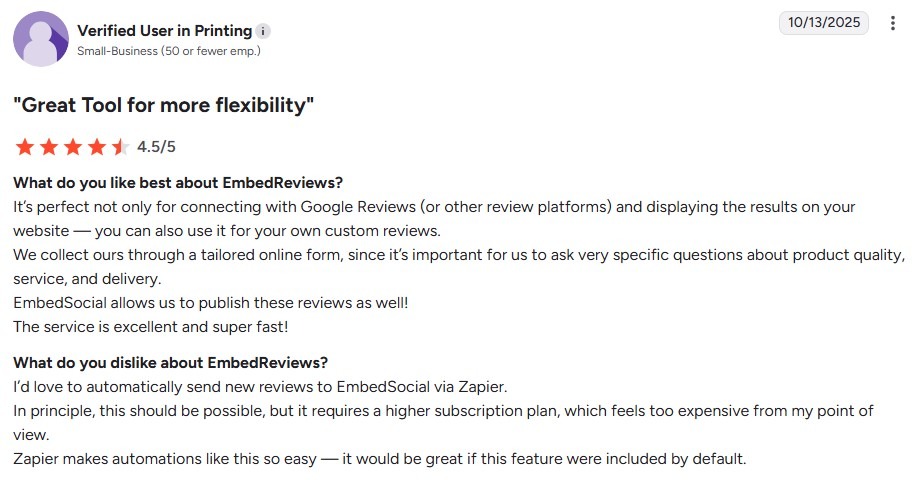 A 4.5/5 G2 review of EmbedSocial.