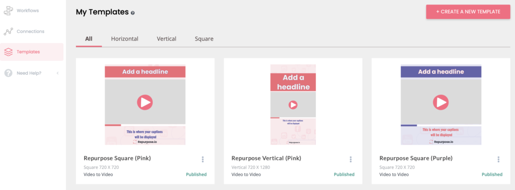 Repurpose.io’s “My Templates” section showing published video-to-video templates in square and vertical formats with editable headline areas.