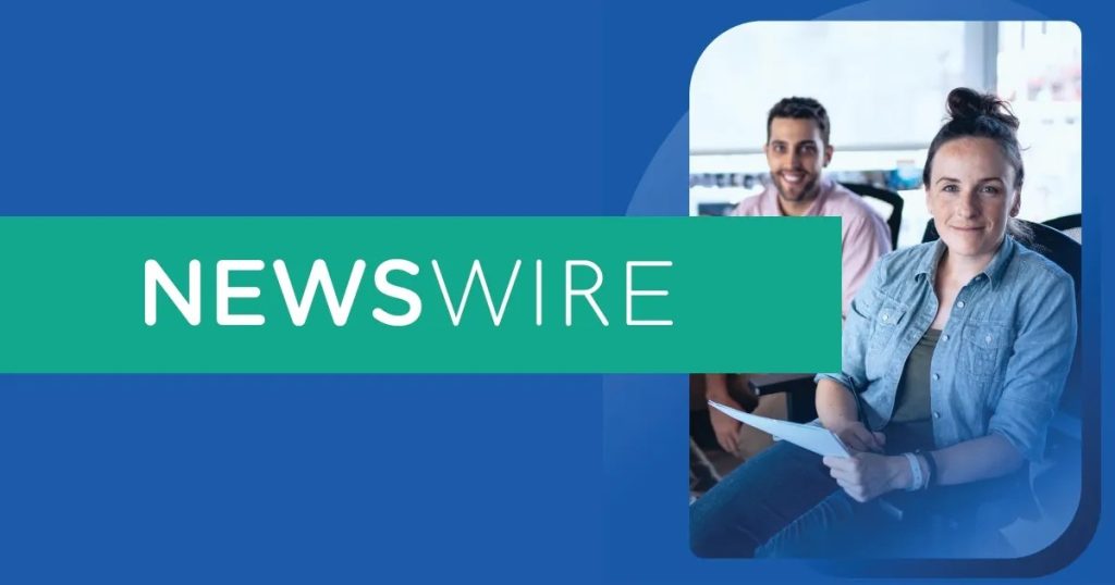 Newswire logo with two people sitting in office chairs to the right.