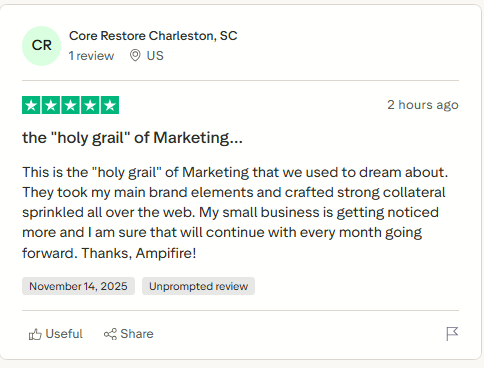 Screenshot of an AmpiFire customer testimonial highlighting results achieved through automated content distribution.