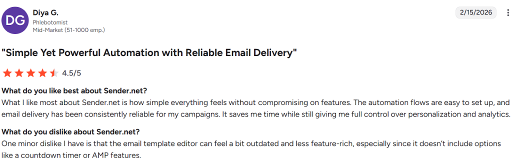 G2 review by Diya G. rating Sender 4.5 out of 5.