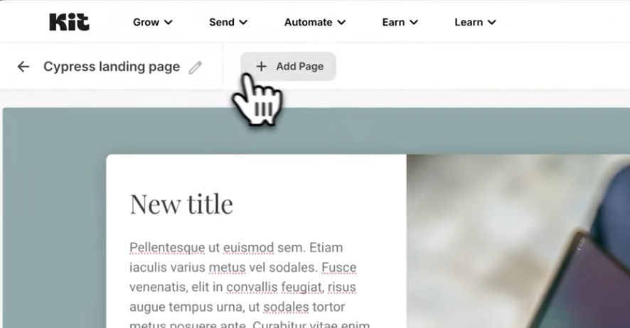Kit dashboard showing a "Cypress landing page" editor and an "Add Page" button.