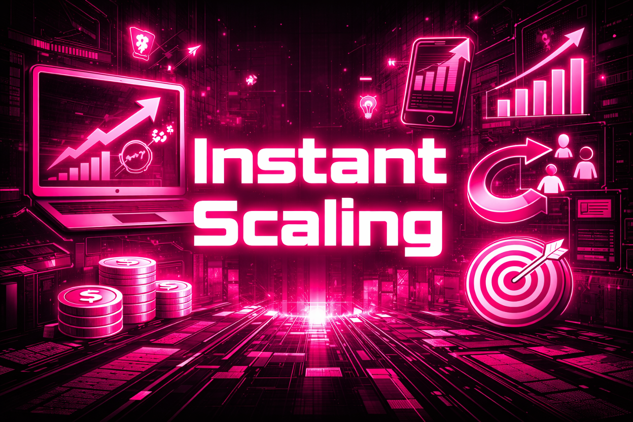 "INSTANT SCALING" sign, laptop with rising ad metrics, and coin stacks representing revenue growth
