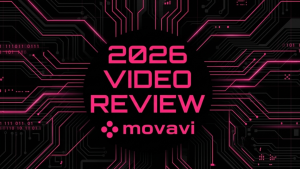 A cyberpunk-themed featured image for a 2026 Movavi video editor review