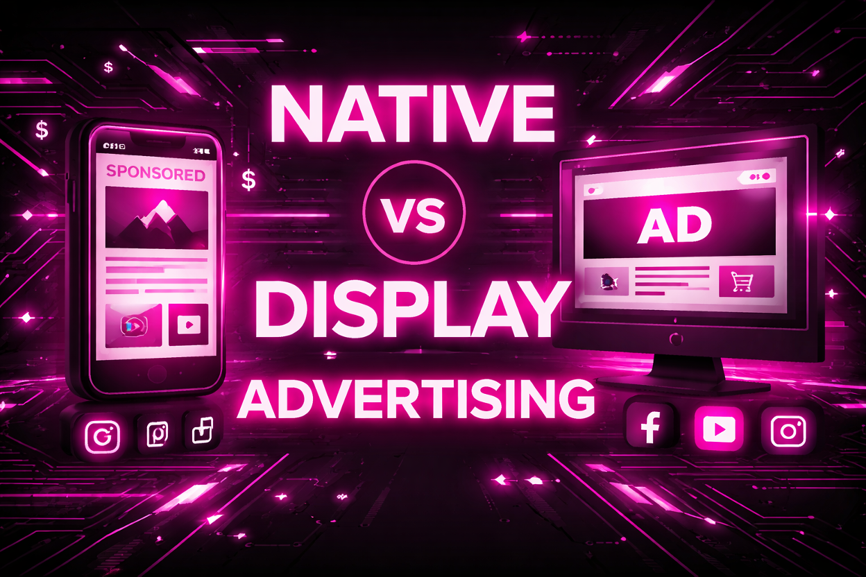 A neon pink graphic contrasting native advertising on a smartphone with display advertising on a desktop monitor