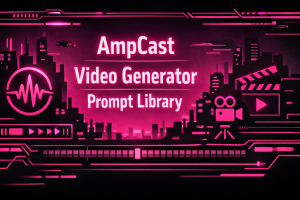 AmpCast video generator prompt library graphic with neon city skyline, film icons, and waveform elements.
