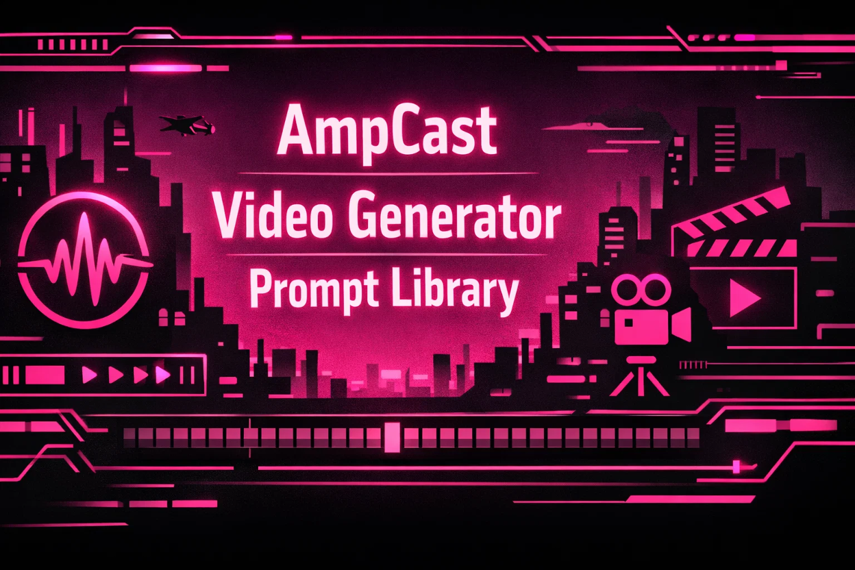 AmpCast video generator prompt library graphic with neon city skyline, film icons, and waveform elements.