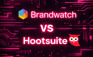 Brandwatch vs Hootsuite comparison on a dark pink circuit board background with brand logos