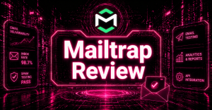 Cyberpunk illustration of a Mailtrap platform overview
