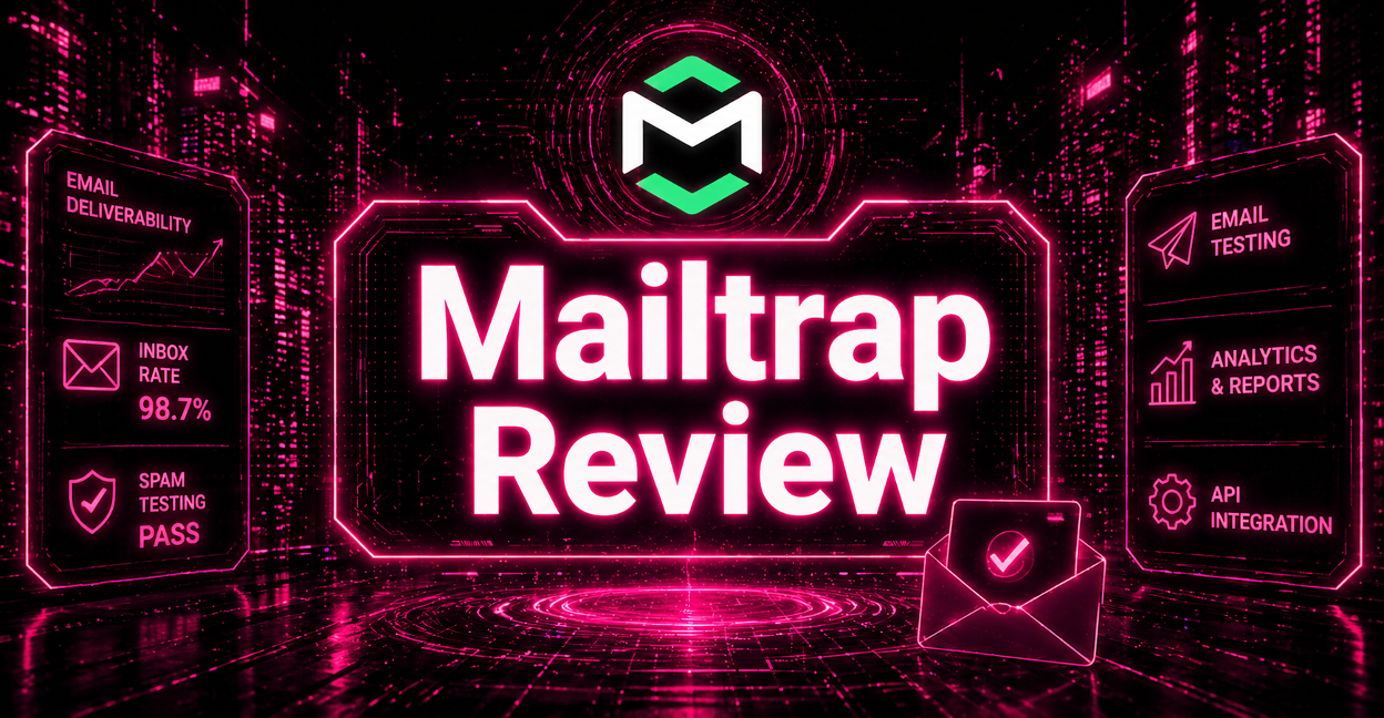 Cyberpunk illustration of a Mailtrap platform overview