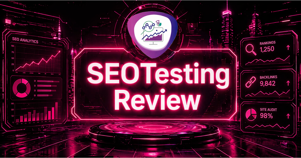 Cyberpunk-style graphic with neon pink interface displaying “SEOTesting Review,” surrounded by SEO analytics dashboards showing rankings, backlinks, site audit scores, and performance charts.
