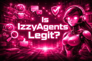 IzzyAgents branded humanoid robot beside a laptop displaying an "AI AGENT" dashboard with user profile and messaging icons in a neon-purple cityscape.