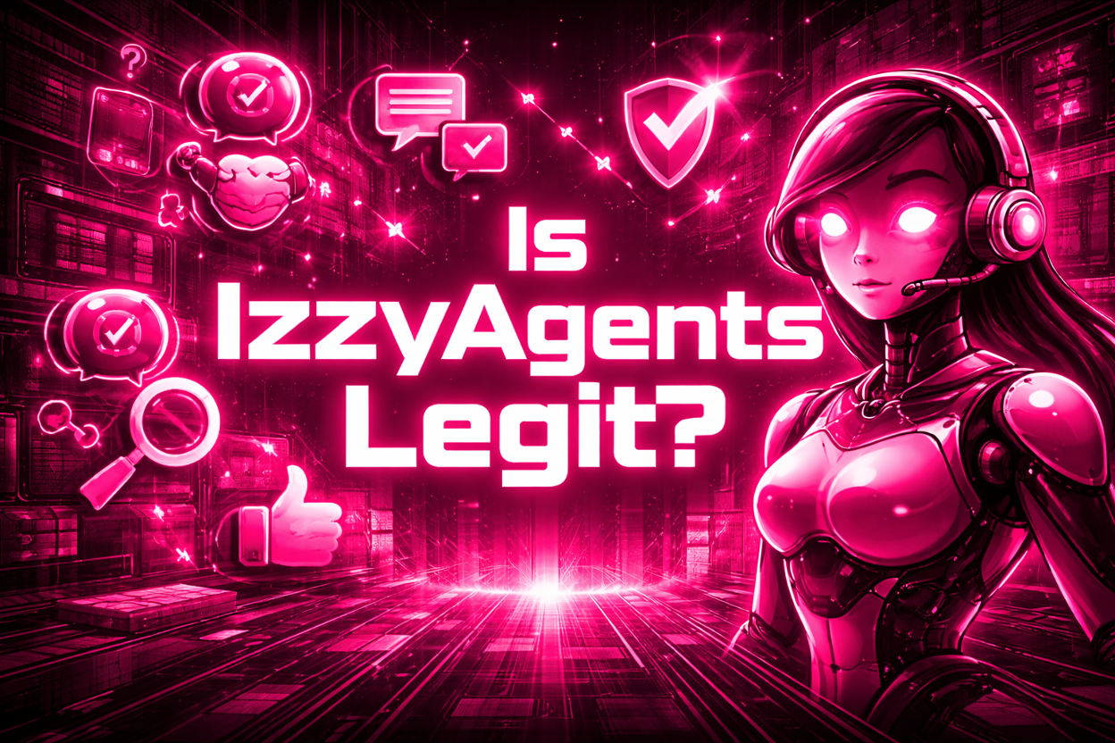 IzzyAgents branded humanoid robot beside a laptop displaying an "AI AGENT" dashboard with user profile and messaging icons in a neon-purple cityscape.