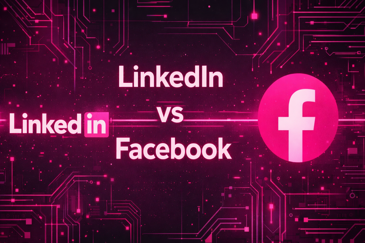 LinkedIn and Facebook logos side by side on a dark pink circuit board background