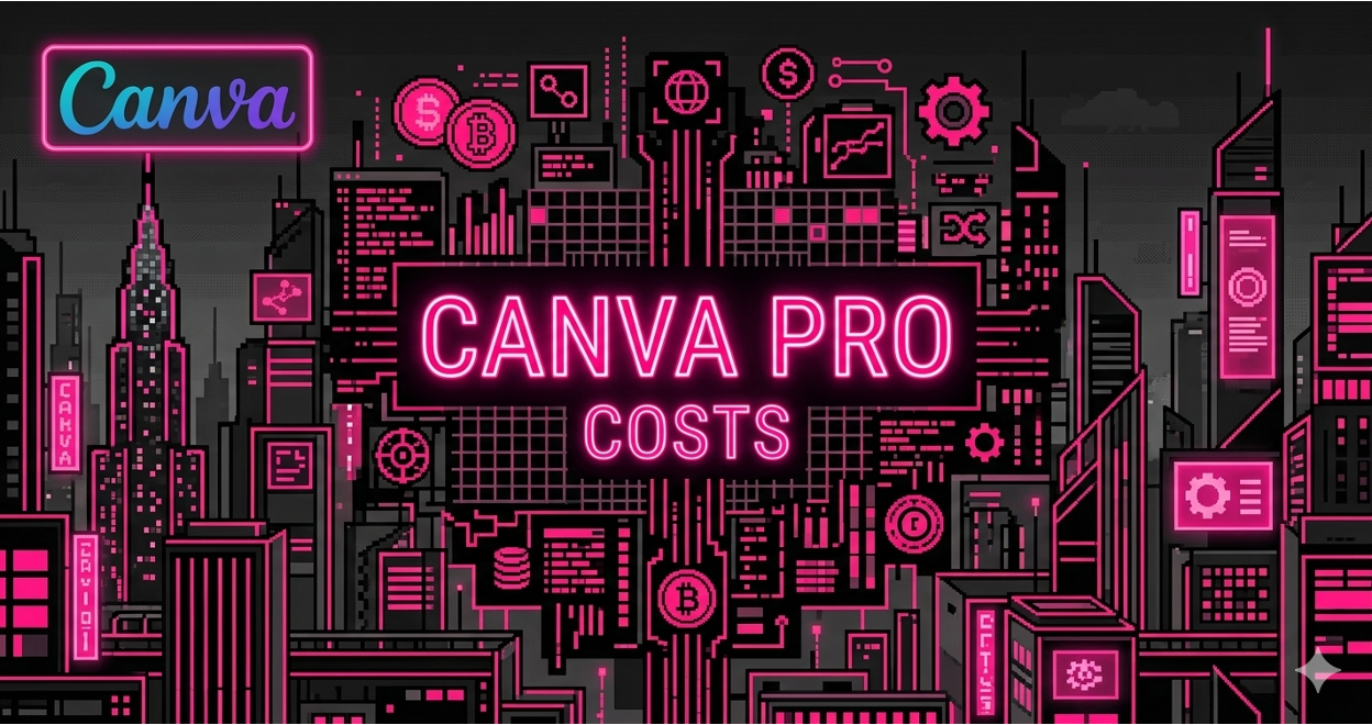 Neon-lit cyberpunk cityscape with "Canva Pro Costs" displayed in glowing pink text, surrounded by financial and design icons.
