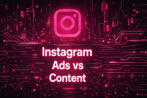 Neon pink Instagram logo on dark circuit board with text "Instagram Ads vs Content"