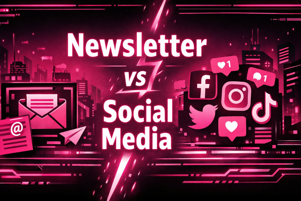 Neon pink graphic comparing newsletter marketing versus social media with email and social icons on opposing sides
