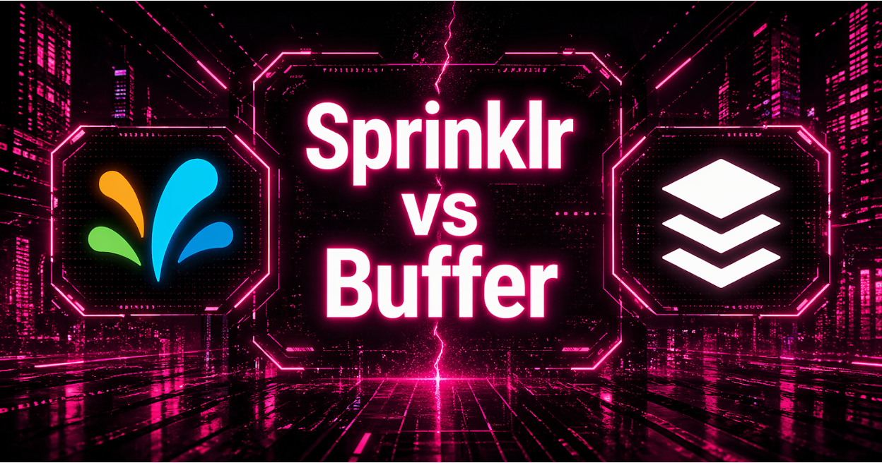 Neon-pink graphic showing the Sprinklr logo on the left facing the Buffer logo on the right