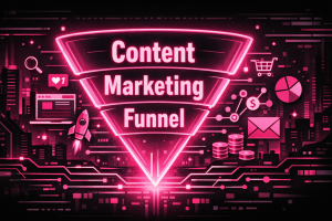 Neon-styled illustration of a marketing funnel against a dark cyberpunk cityscape background