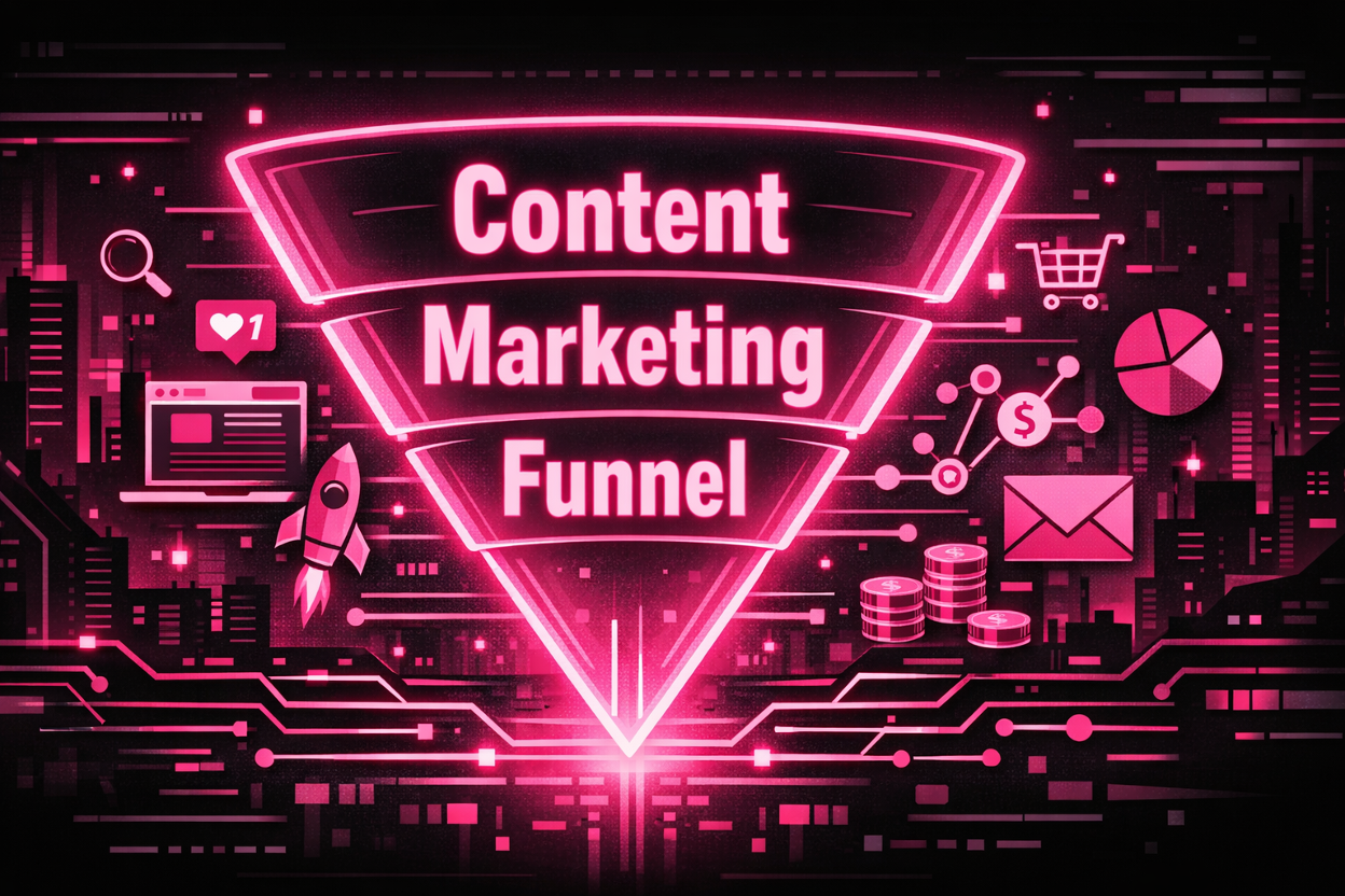 Neon-styled illustration of a marketing funnel against a dark cyberpunk cityscape background