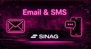 Sinag branded banner with neon pink visuals representing email and SMS marketing channels.
