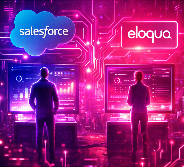 Split-screen comparison of Salesforce Pardot and Oracle Eloqua B2B marketing automation dashboards