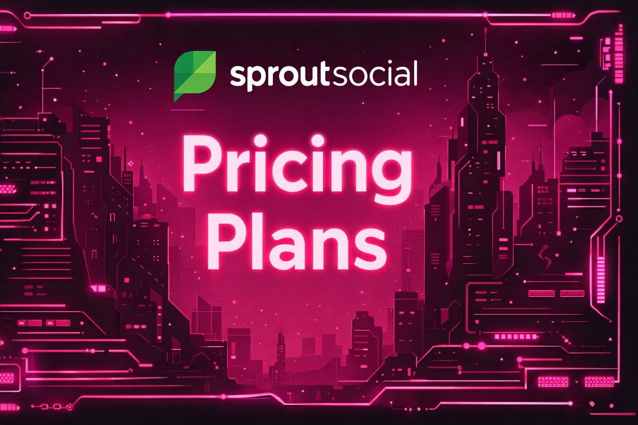 Sprout Social Pricing Plans promotional banner with neon-pink cyberpunk cityscape background