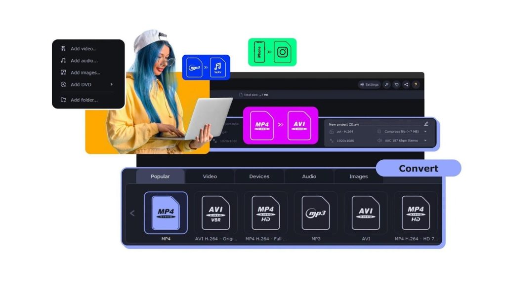 Movavi Video Converter interface showing batch video conversion with GPU acceleration settings