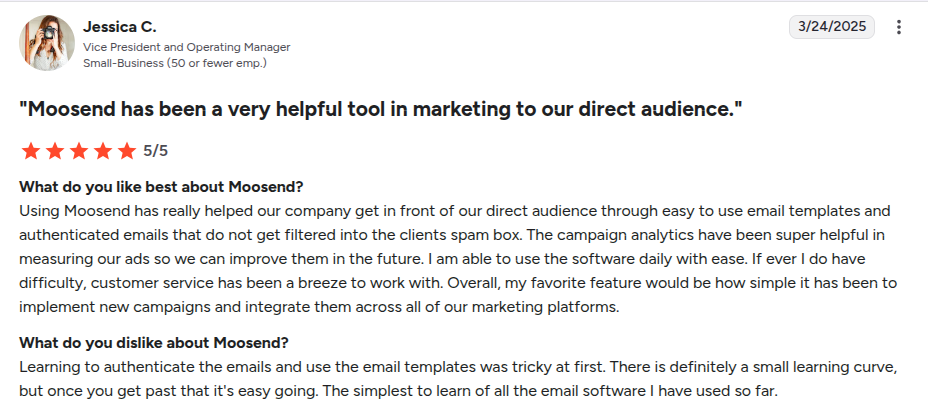 A positive 5-star review from a Moosend user on G2.