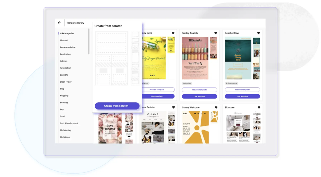 Email template library interface showing various design templates with category filters and a "Create from scratch" option.