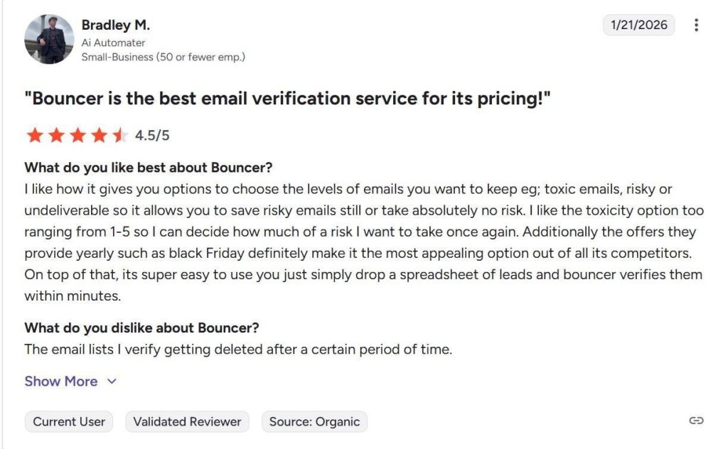 G2 review by Bradley M., giving Bouncer 4.5 out of 5 stars.