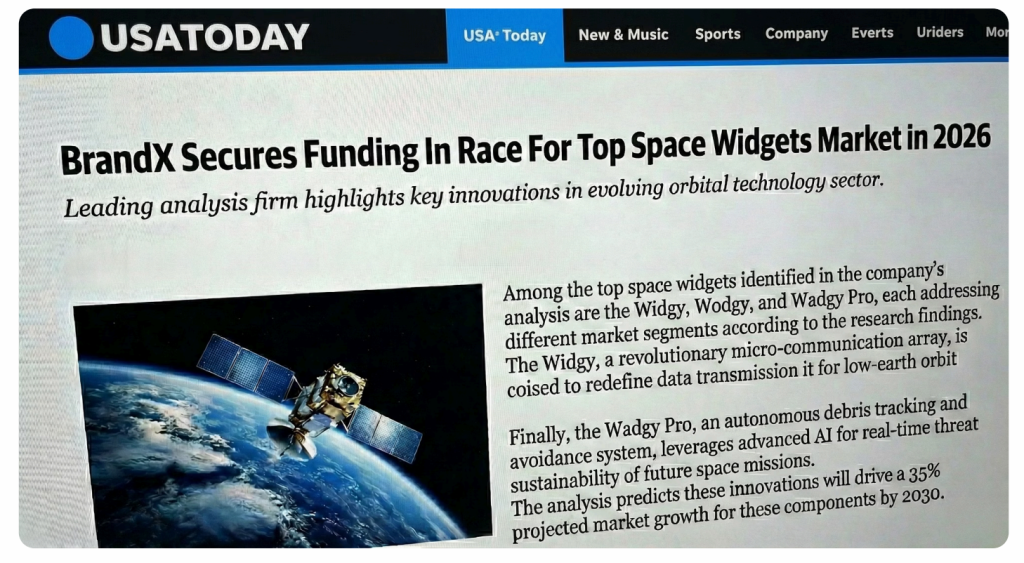 USA Today article headline about BrandX securing funding for space widgets, with satellite image and text describing innovations in orbital technology.