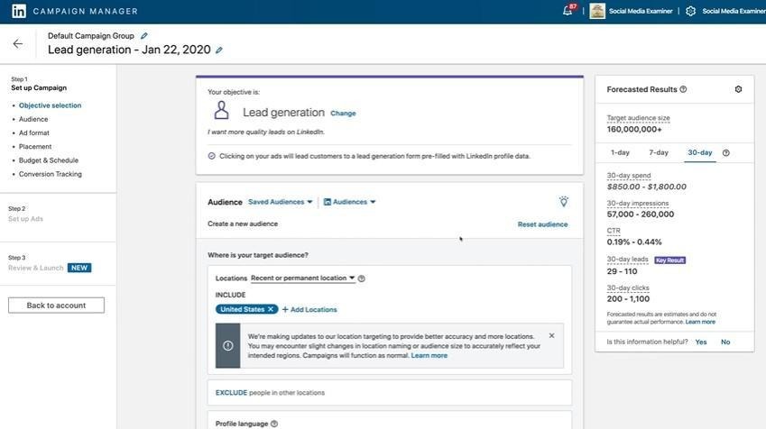 LinkedIn Campaign Manager interface showing lead generation campaign setup targeting United States audience