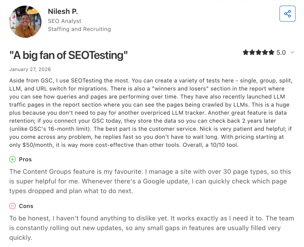 A 5-star g2 review on SEOTesting.