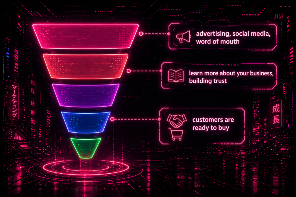 Colorful five-layer funnel diagram showing the three core stages of the customer journey.