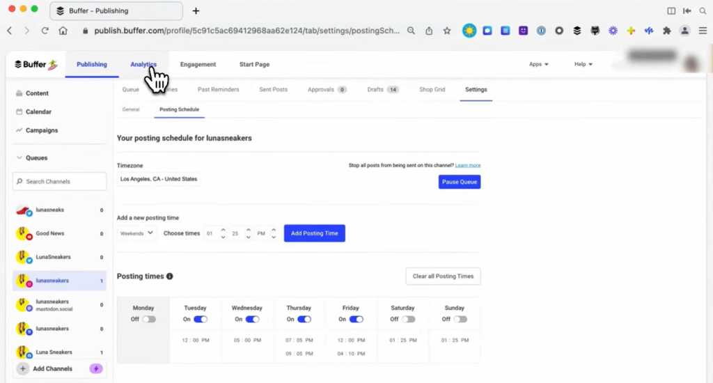Buffer's Publishing interface showing a posting schedule.