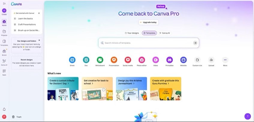 Canva Pro dashboard with template categories and an upgrade prompt.