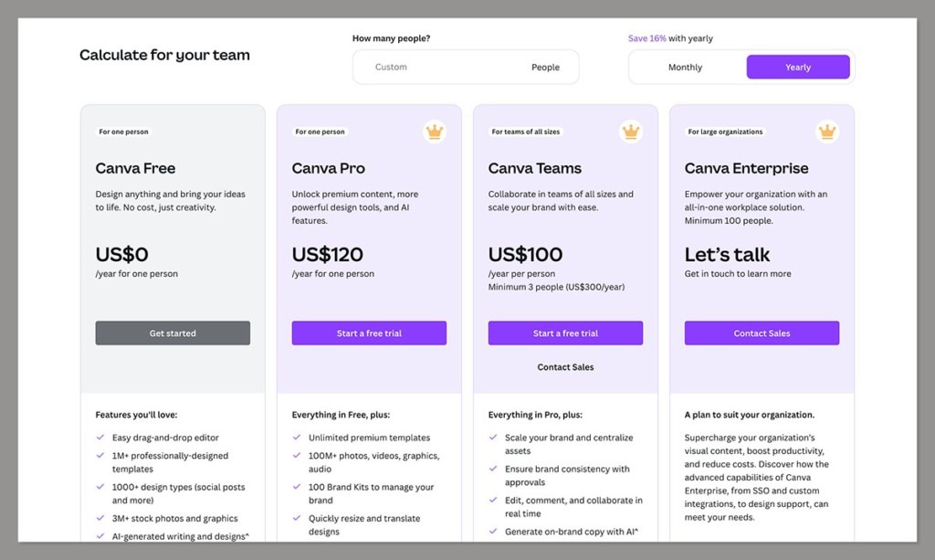 Canva's pricing page shows Free, Pro, Business, and Enterprise plans.