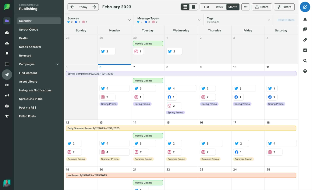 Sprout Social dashboard showing the Calendar feature.