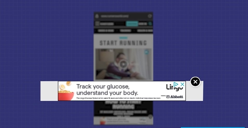 A mobile screen showing a website partially obscured by a tracker display ad with a close button.